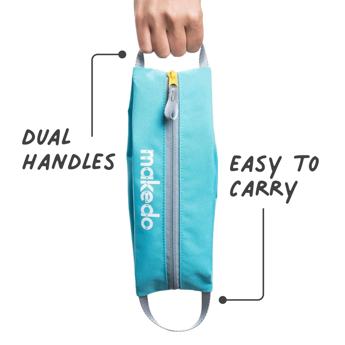 Hand hält türkise Makedo Tool-Case Tasche an zwei Henkeln, Dual Handles und Easy to Carry gekennzeichnet