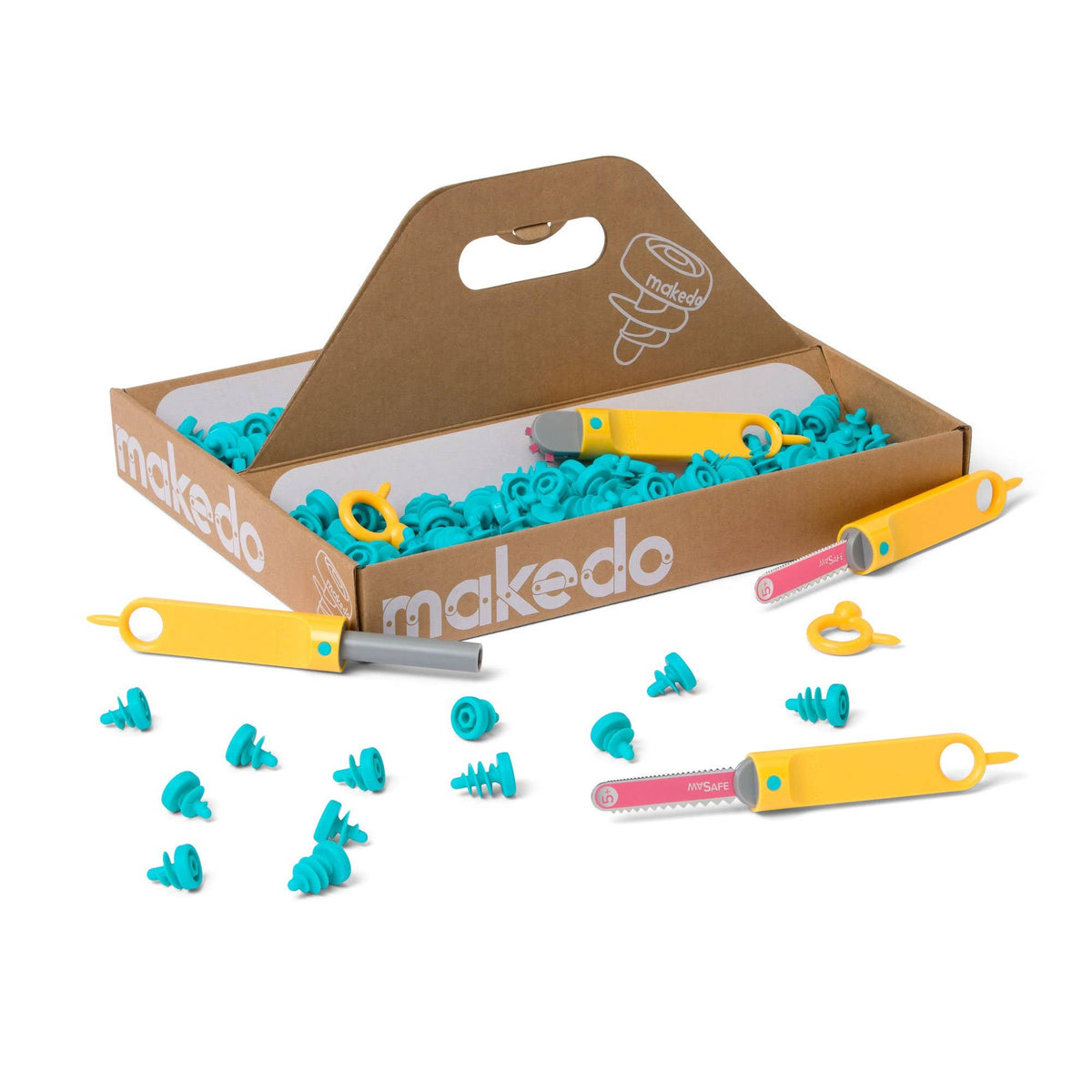 Makedo Discover Kit mit offener Schachtel, gelben Werkzeugen, pinkem Werkzeug und blauen Verbindungselementen