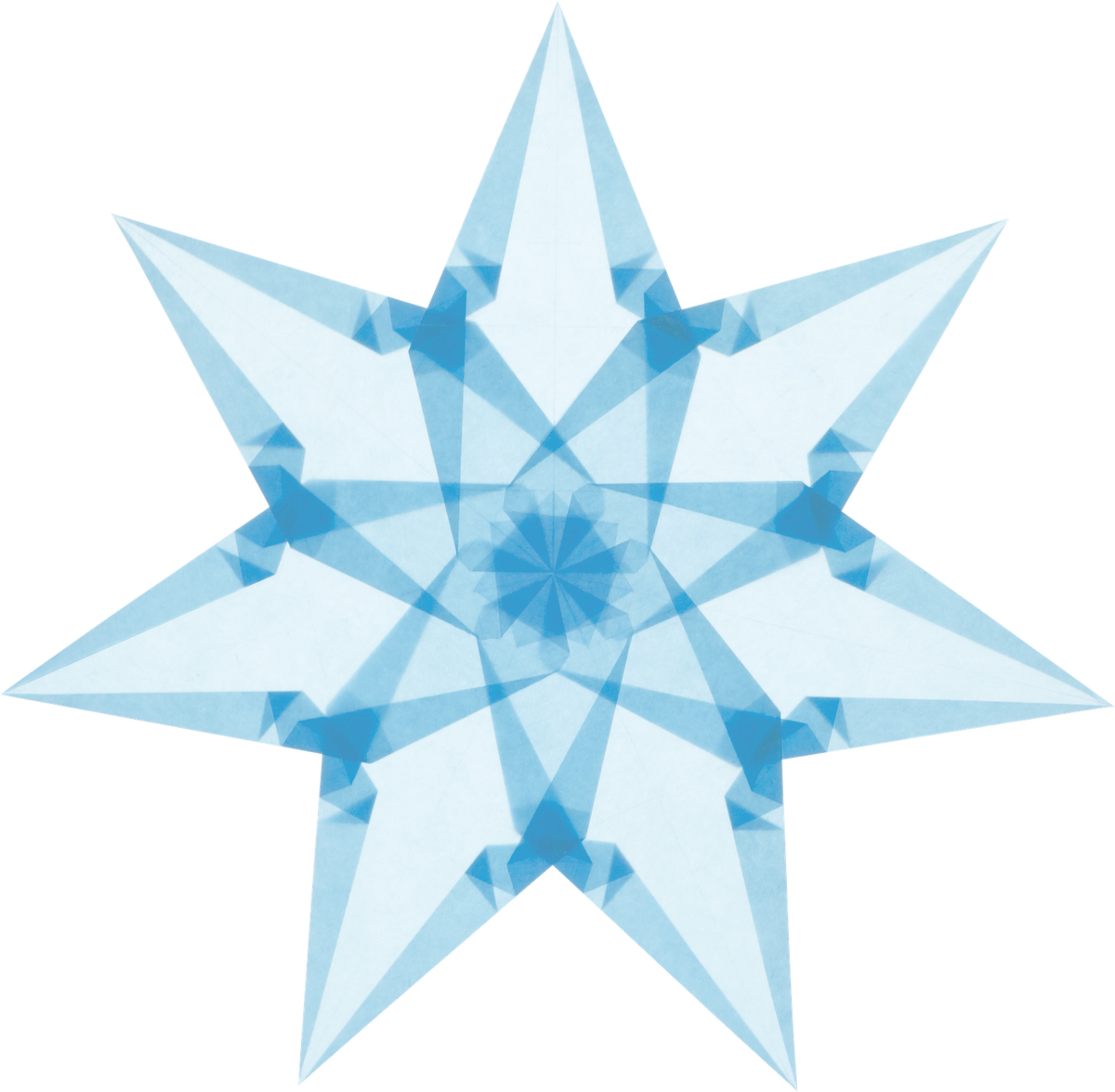 Fertig gefalteter hellblauer Fensterstern mit sieben Strahlen aus Pergaminpapier