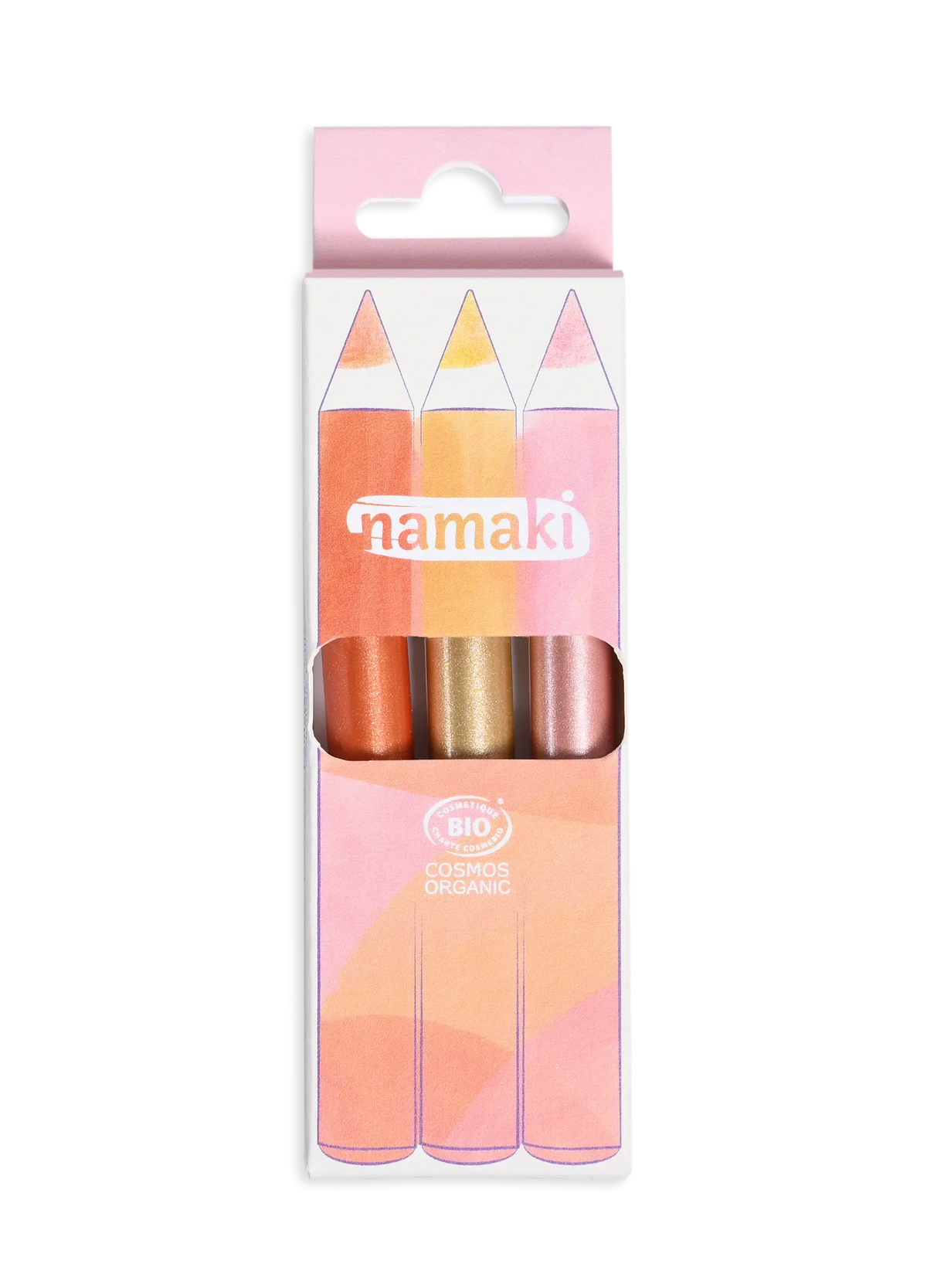 Namaki Glitzer-Schminkstifte Set Sunshine, Verpackung mit drei Stiften in Orange, Goldgelb und Rosa mit glitzerndem Finish