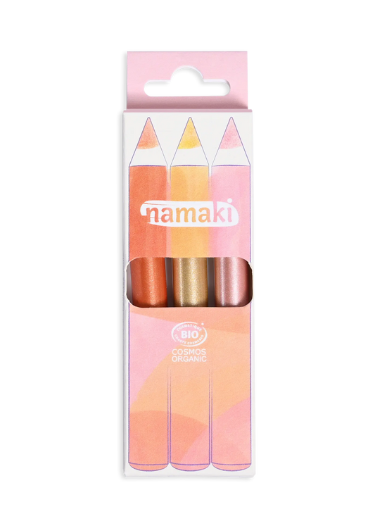 Namaki Glitzer-Schminkstifte Set Sunshine, Verpackung mit drei Stiften in Orange, Goldgelb und Rosa mit glitzerndem Finish
