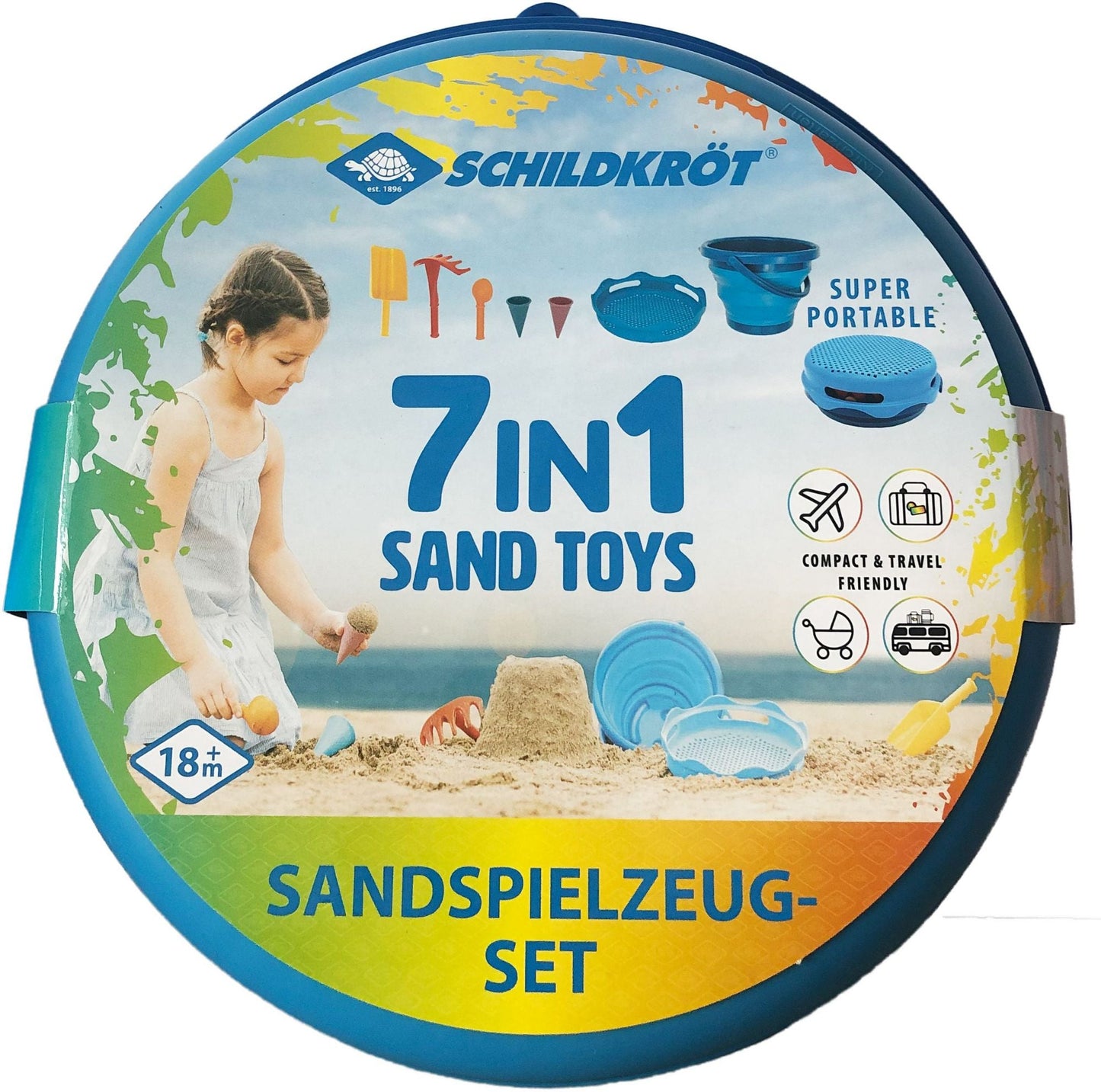 Schildkröt 7 in 1 Sandspielzeug-Set in Blau mit Förmchen, Schaufeln und Sieb