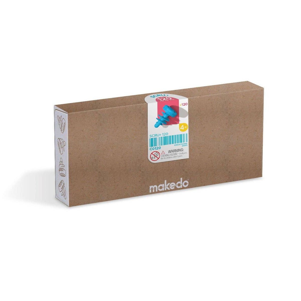 Makedo Scru+ 120 Nachfüllpack, Verpackung aus braunem Karton mit Makedo-Logo und buntem Produktetikett auf der Oberseite