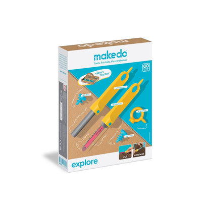 Makedo Explore Kit Verpackung mit gelben Werkzeugen und türkisen Verbindungselementen