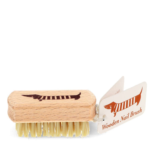 Rex London Holz-Nagelbürste mit gelblichen Borsten, beige Etikett mit rotem Dackel und Schrift Wooden Nail Brush