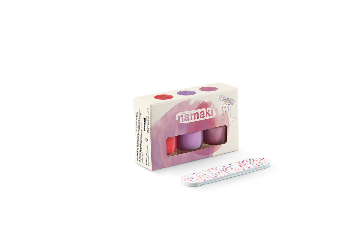 Namaki Nagellack-Set in Kartonbox mit drei Fläschchen in Rosa, Mauve und Rot, Nagelfeile mit Punktmuster