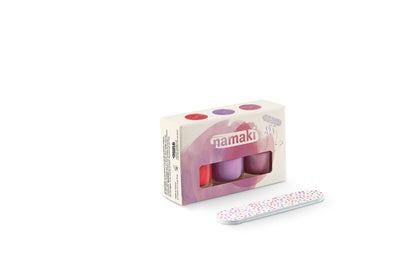 Namaki Nagellack-Set in Kartonbox mit drei Fläschchen in Rosa, Mauve und Rot, Nagelfeile mit Punktmuster