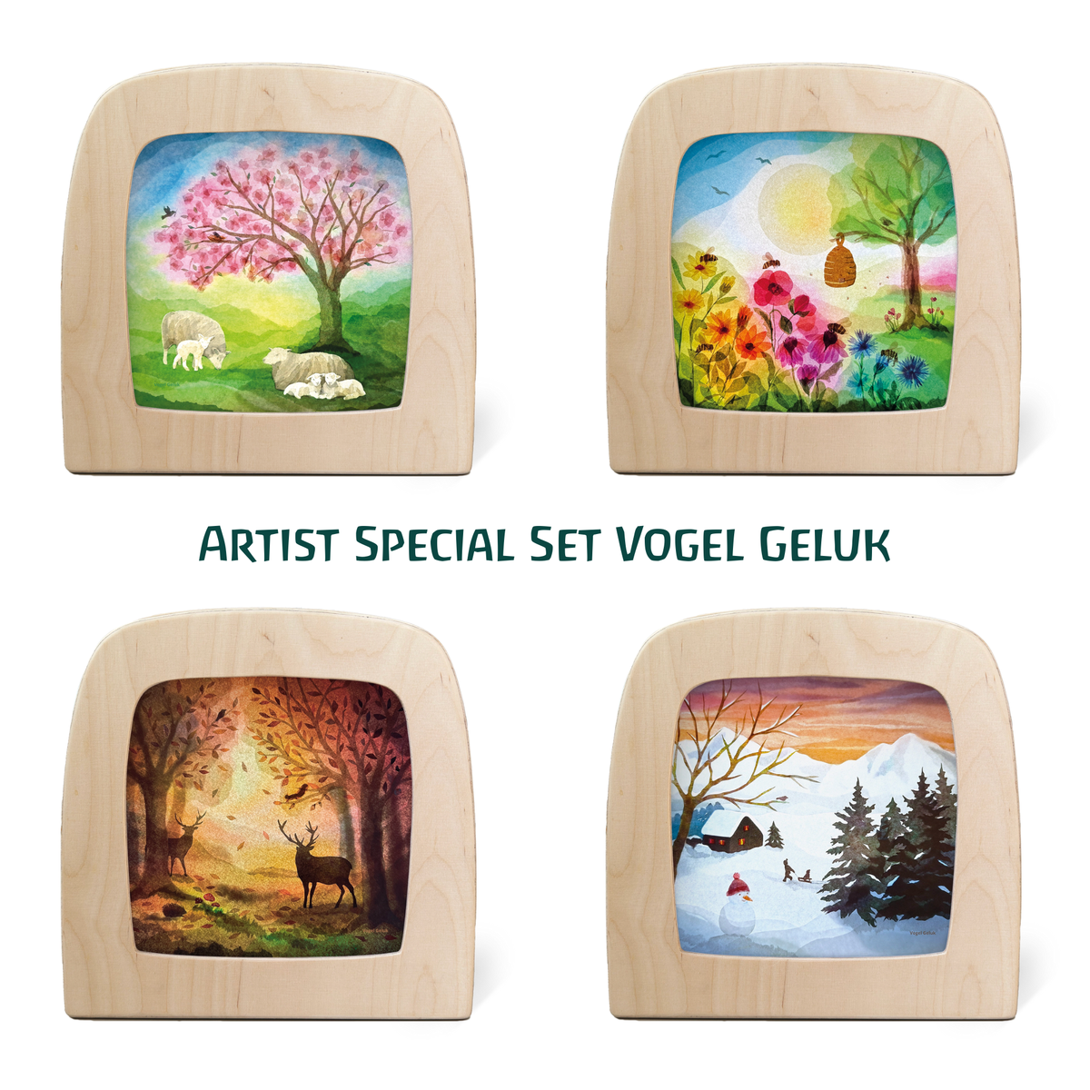 Toverlux Artist-Set Vogel Geluk: vier Silhouetten mit Blütenbaum und Schafen, Sommerwiese, Hirschen und Winterhütte