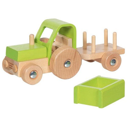 Holztraktor mit abkoppelbarem Anhänger von Goki, natur-farbenes Holzfahrzeug