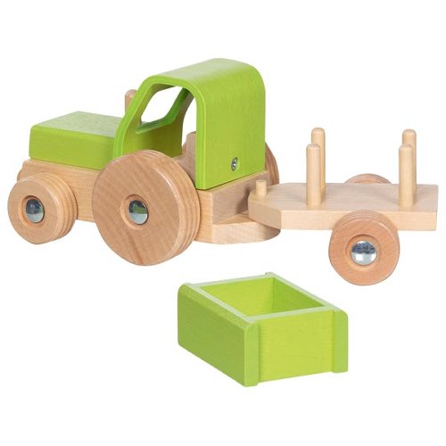 Holztraktor mit abkoppelbarem Anhänger von Goki, natur-farbenes Holzfahrzeug
