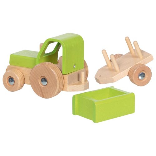 Holztraktor mit abkoppelbarem Anhänger von Goki, natur-farbenes Holzfahrzeug