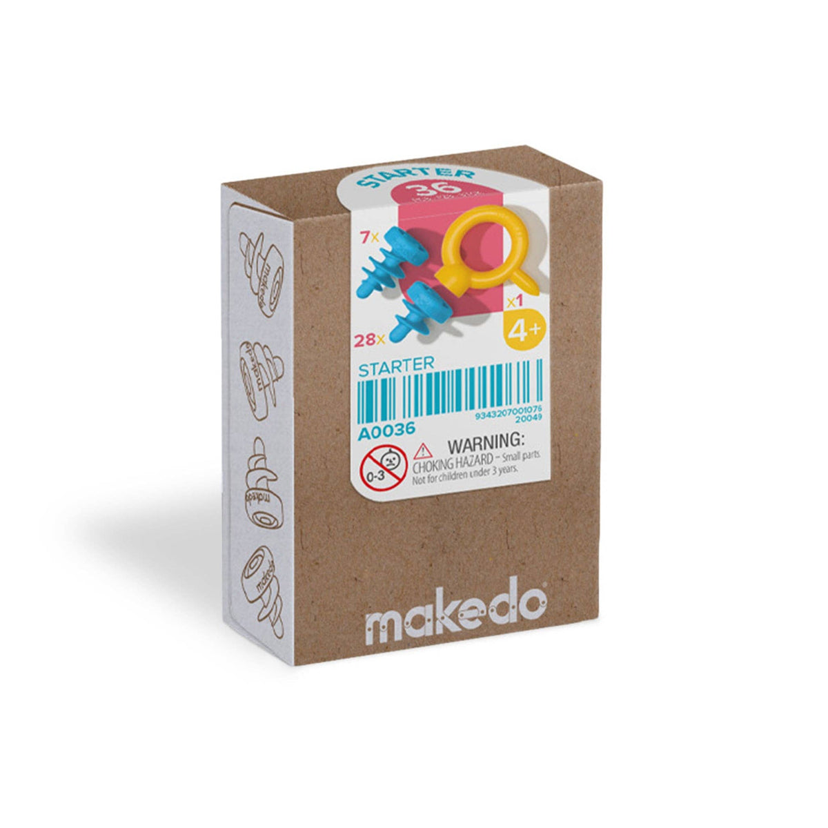 Makedo Starter Kit Verpackung aus Karton mit Produktfoto, Altersangabe 4+ und Barcode auf der Vorderseite