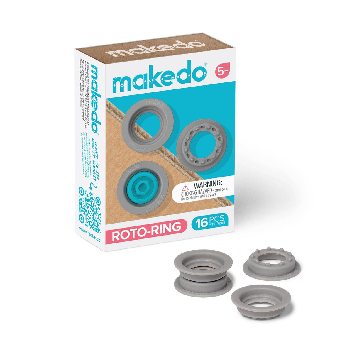 Makedo Roto-Ring Verpackung mit türkisem Design und drei grauen Kunststoffringen davor, 16 Stück