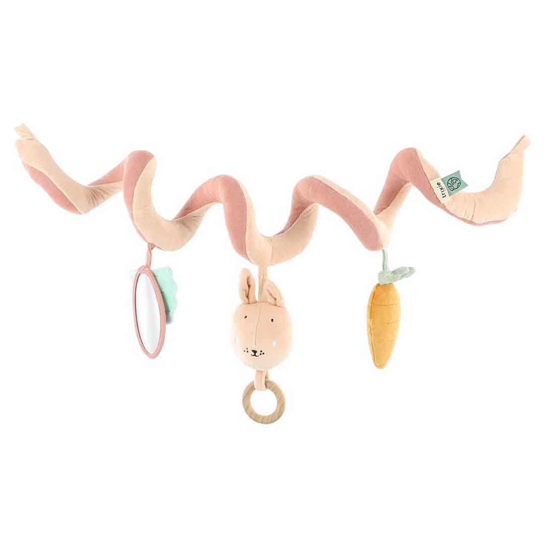 Bunte Activity-Spirale Mrs. Rabbit von Trixie mit weichen Formen und Bändern zum Greifen