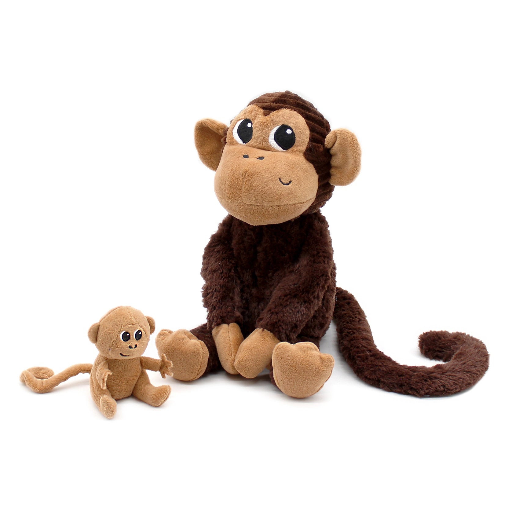 Plüsch-Affenmama mit Baby von Les Déglingos, braun, 25 cm groß, weiches Kuscheltier