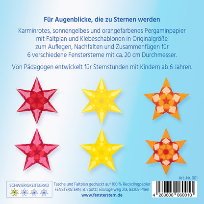 Packungsrückseite mit sechs Fenstersternen in Karminrot, Sonnengelb und Orange
