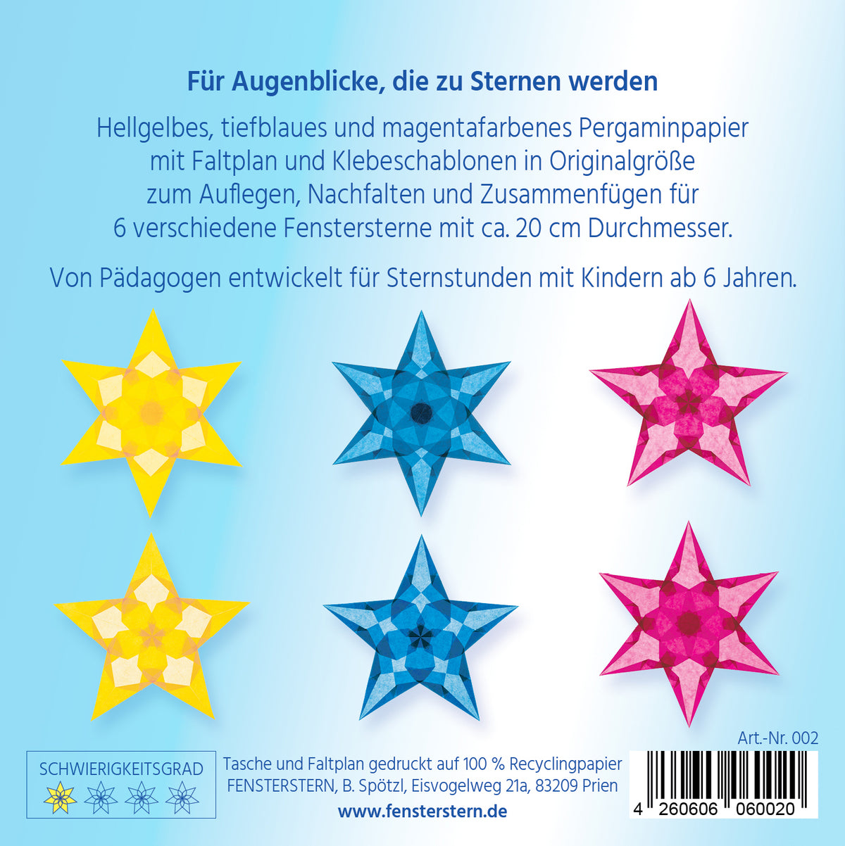 Packungsrückseite mit sechs Fenstersternen in Hellgelb, Tiefblau und Magenta