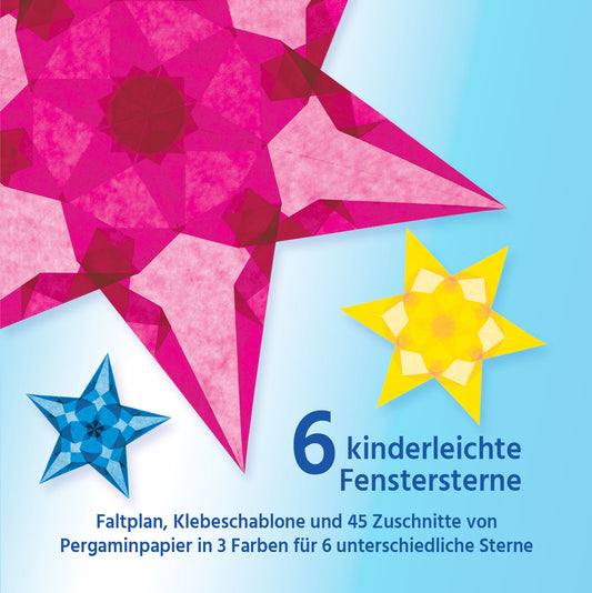 Verpackung 6 kinderleichte Fenstersterne mit großem magentafarbenem, einem gelben und einem blauen Stern auf hellblauem Grund