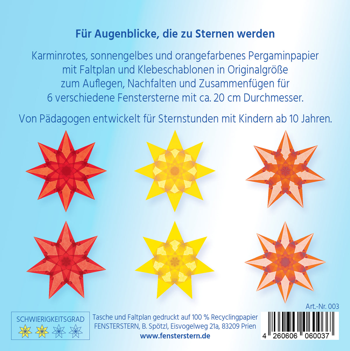 Packungsrückseite mit sechs sieben- und achtstrahligen Fenstersternen in Karminrot, Sonnengelb und Orange