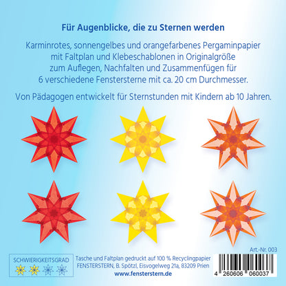 Packungsrückseite mit sechs sieben- und achtstrahligen Fenstersternen in Karminrot, Sonnengelb und Orange