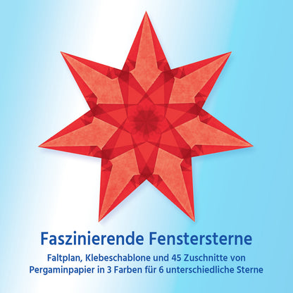 Verpackung Faszinierende Fenstersterne mit großem karminrotem achtstrahligem Stern auf hellblauem Grund