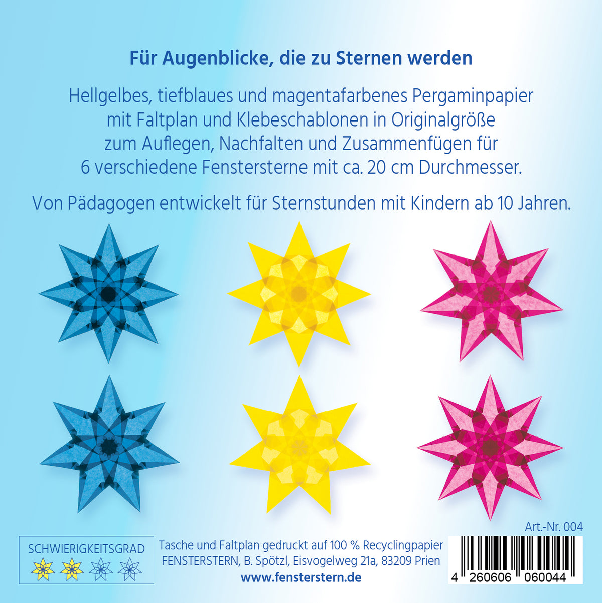 Packungsrückseite mit sechs Fenstersternen in Tiefblau, Hellgelb und Magenta