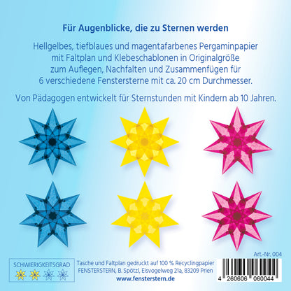 Packungsrückseite mit sechs Fenstersternen in Tiefblau, Hellgelb und Magenta