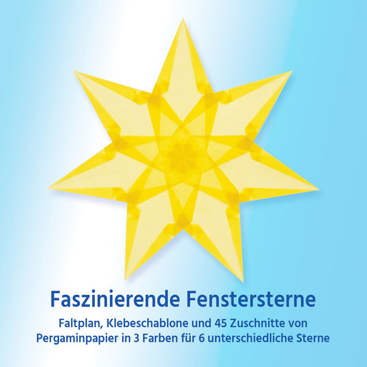Verpackung Faszinierende Fenstersterne mit großem hellgelbem Fensterstern auf hellblauem Grund