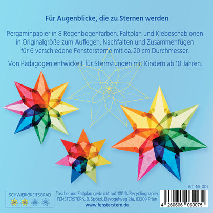 Packungsrückseite mit drei Regenbogensternen, einer Faltskizze und der Produktbeschreibung