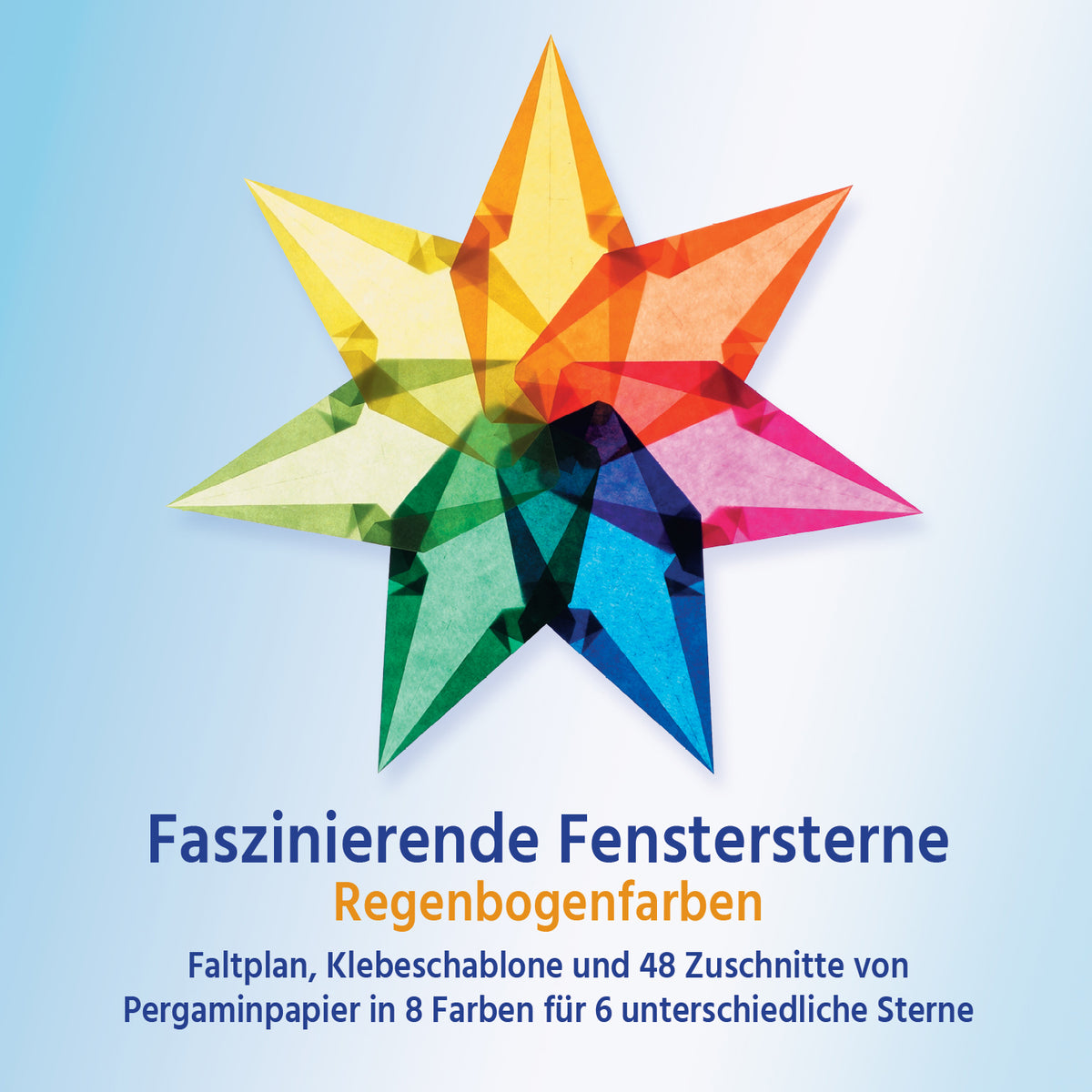 Verpackung Faszinierende Fenstersterne Regenbogenfarben mit großem siebenstrahligem Stern aus Pergaminpapier in Regenbogenfarben