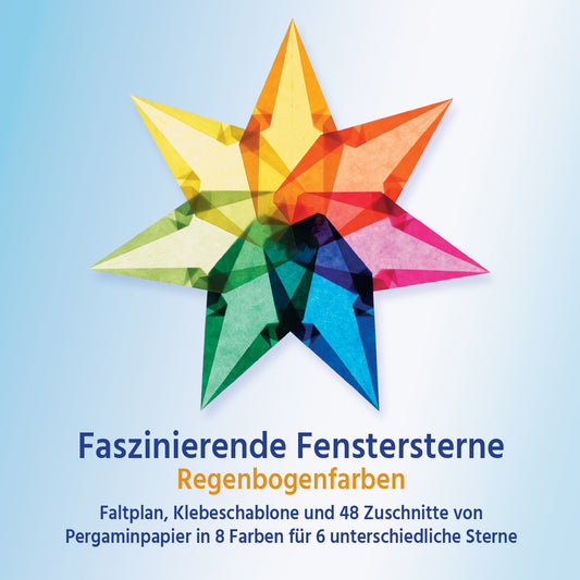 Verpackung Faszinierende Fenstersterne Regenbogenfarben mit großem siebenstrahligem Stern aus Pergaminpapier in Regenbogenfarben