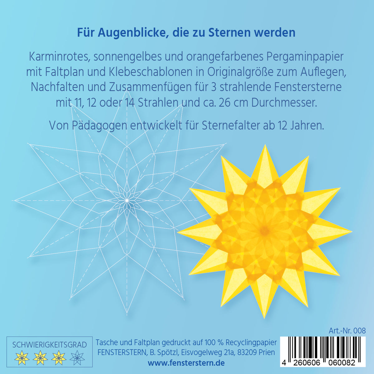 Packungsrückseite mit der Faltskizze eines vielstrahligen Sterns und einem goldgelben Stern