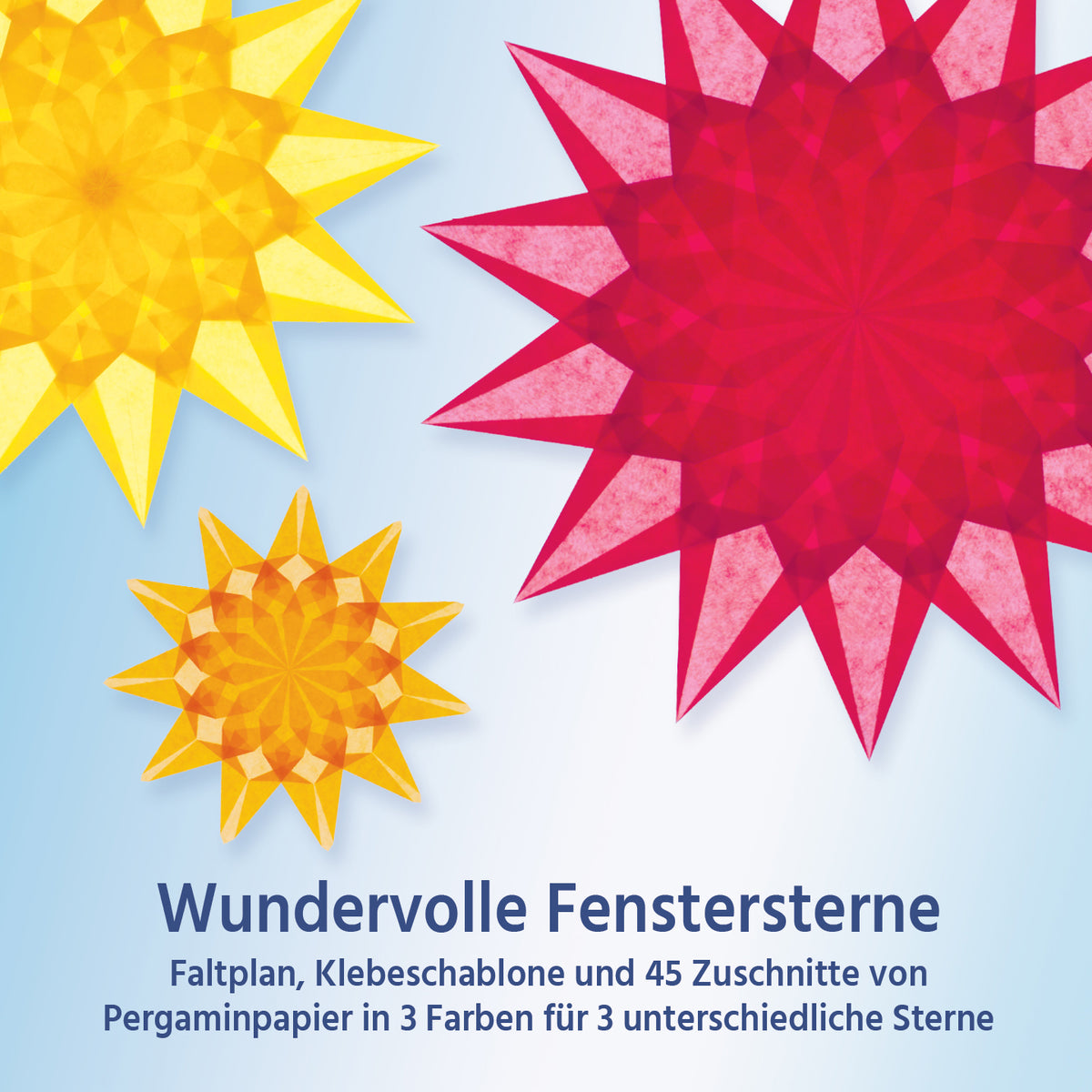 Verpackung Wundervolle Fenstersterne mit vielstrahligen Sternen in Karminrot, Goldgelb und Orange