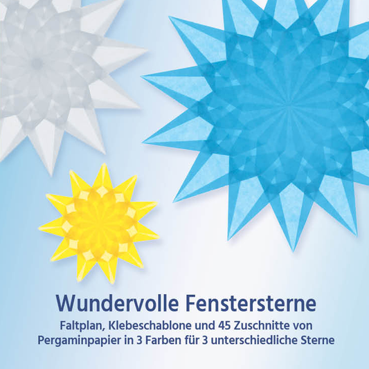 Verpackung Wundervolle Fenstersterne mit großen vielstrahligen Sternen in Hellblau, Weiß und Hellgelb