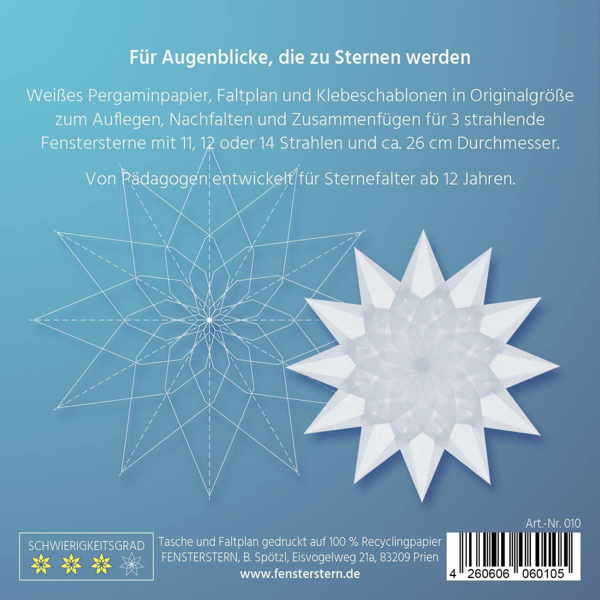 Packungsrückseite mit der Faltskizze eines vielstrahligen Sterns und einem weißen Stern