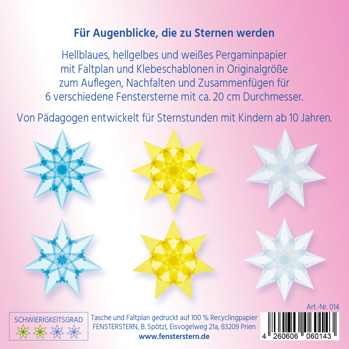 Packungsrückseite auf rosa Grund mit sechs Fenstersternen in Hellblau, Hellgelb und Weiß