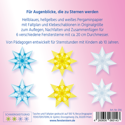 Packungsrückseite auf rosa Grund mit sechs Fenstersternen in Hellblau, Hellgelb und Weiß