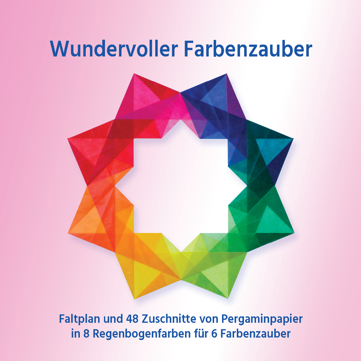 Verpackung Wundervoller Farbenzauber mit sternförmigem Ring aus Pergaminpapier in Regenbogenfarben auf rosa Grund