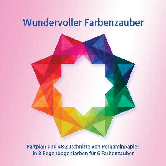 Verpackung Wundervoller Farbenzauber mit sternförmigem Ring aus Pergaminpapier in Regenbogenfarben auf rosa Grund