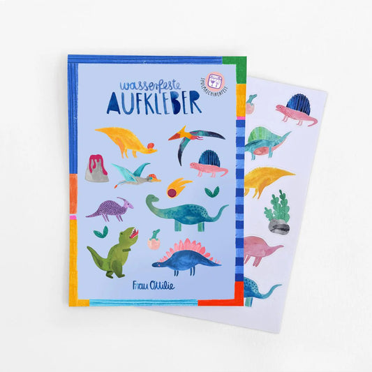 Wasserfeste Aufkleber Frau Ottilie mit bunten Dinosaurier-Motiven für Brotdosen und Trinkflaschen