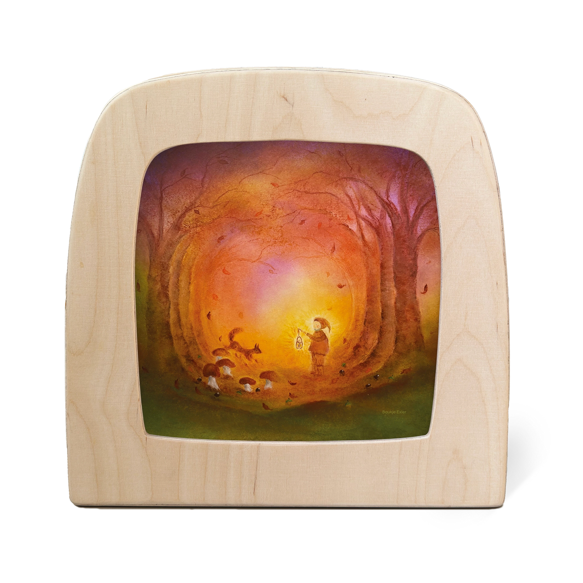 Toverlux Silhouettenlampe Autumn Light mit Holzrahmen, leuchtendes Waldmotiv in Orange- und Rottönen, Figuren im Herbstwald