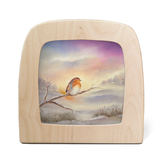 Toverlux Silhouettenlampe aus Holz mit Rotkehlchen auf schneebedecktem Ast und rosa-lila Himmel