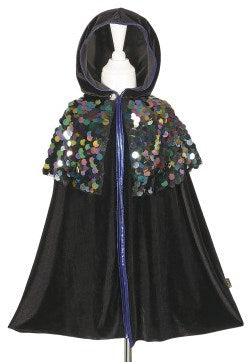 Souza Bella Cape Umhang in Schwarz mit bunten Pailletten auf den Schultern und blauem Reißverschluss, ausgebreitet von vorne