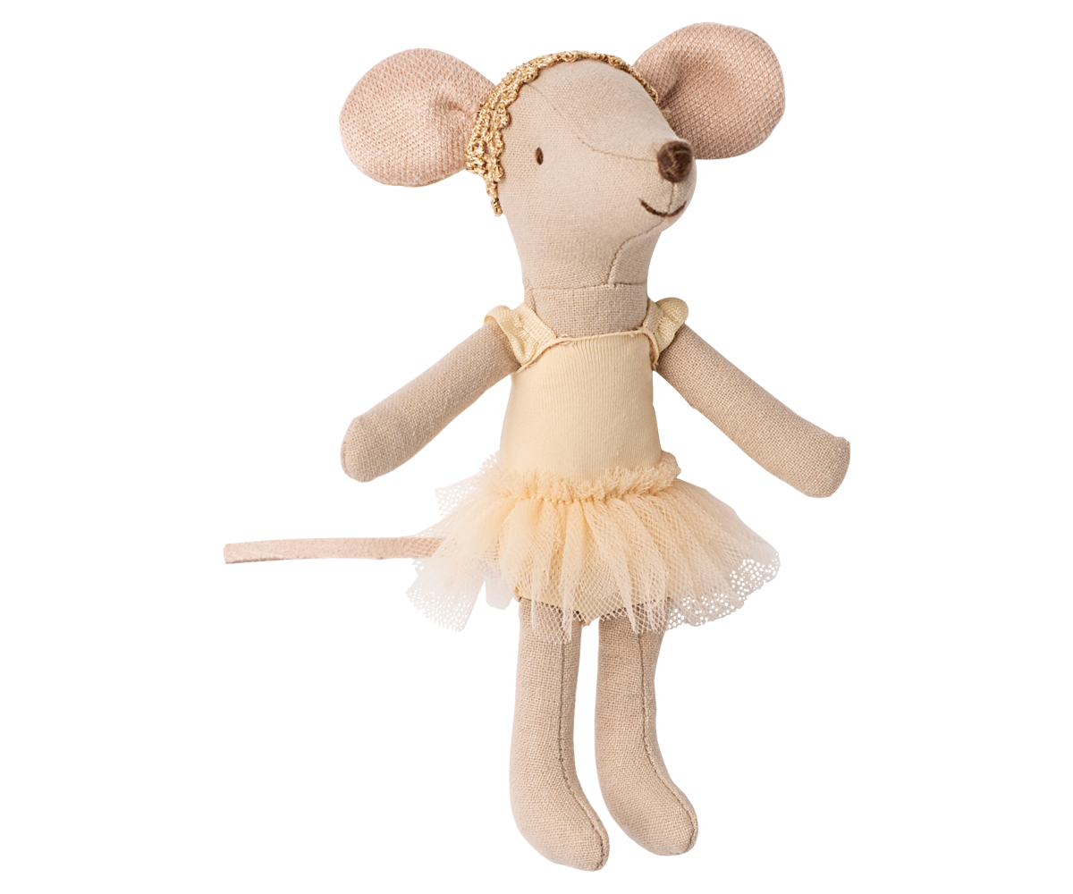 Maileg Balletttänzerin Maus große Schwester einzeln mit goldfarbenem Haarband und cremefarbenem Tutu