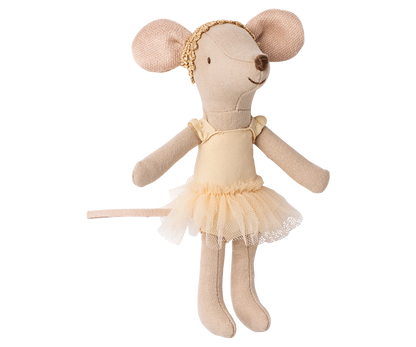 Maileg Balletttänzerin Maus große Schwester einzeln mit goldfarbenem Haarband und cremefarbenem Tutu