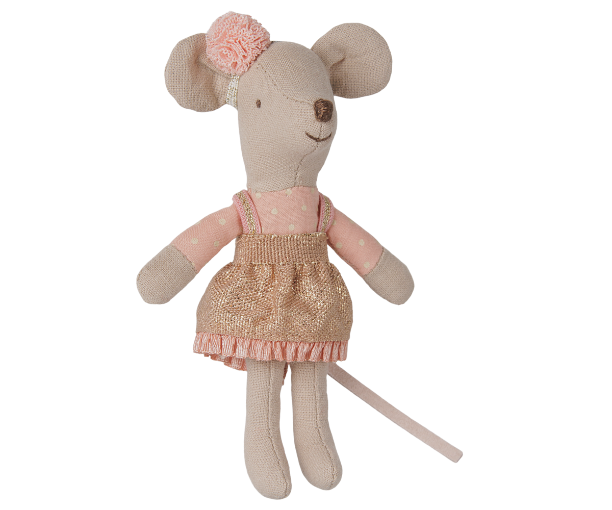 Maileg Fahrerin-Maus kleine Schwester mit rosa Pompom am Stirnband, gepunktetem Oberteil und Glitzerrock