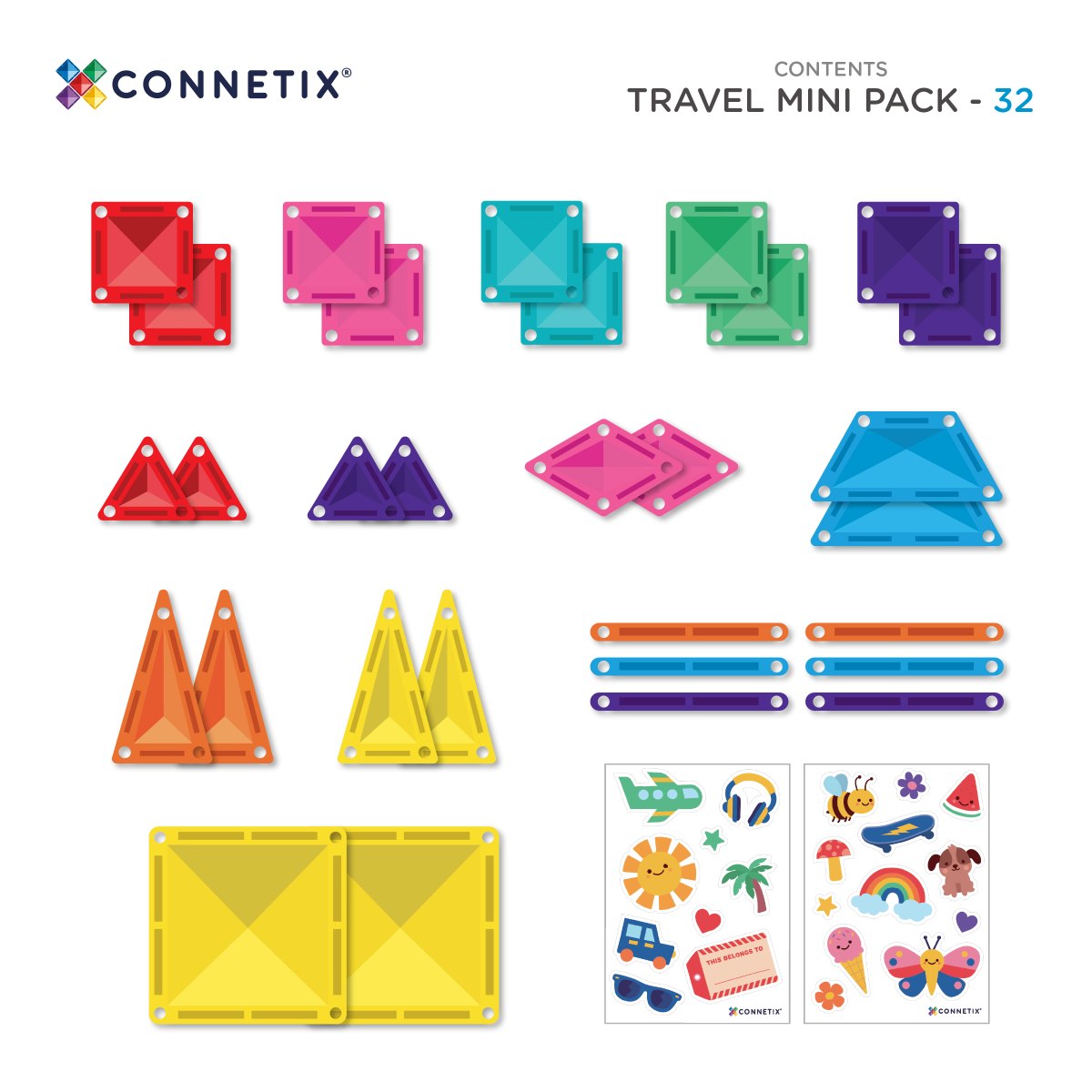 Inhalt des Travel Mini Packs: kleine Quadrate, Dreiecke, Stäbe, zwei Grundplatten und Stickerbögen