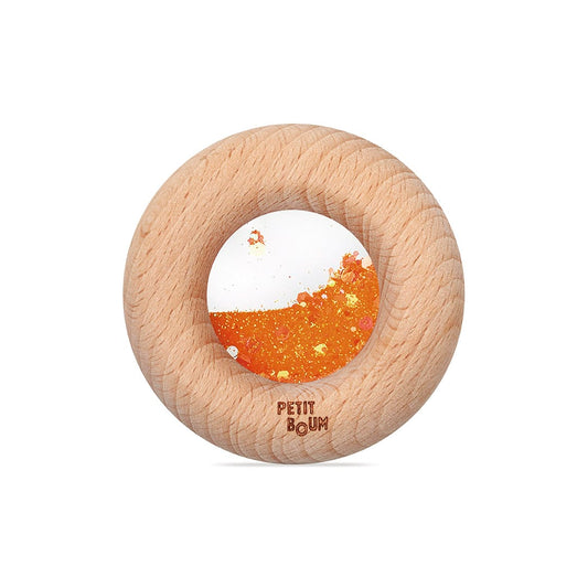 Petit Boum Calm Donut aus Holz mit durchsichtigem Fenster, darin orangefarbener und weißer Glitzer