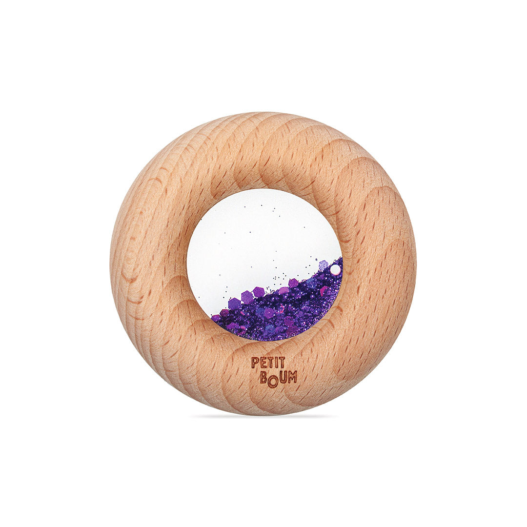 Petit Boum Calm Donut aus Holz mit Fenster, darin lila Glitzer