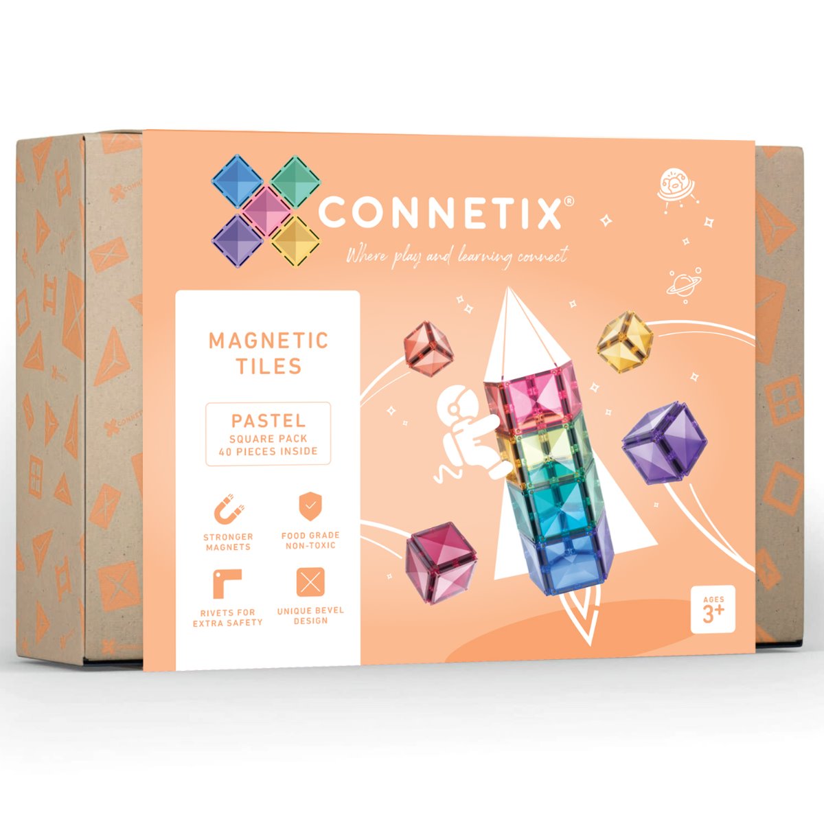 Magnetbausteine-Set Connetix Pastel Square Pack mit 40 transparenten quadratischen Teilen in Pastellfarben
